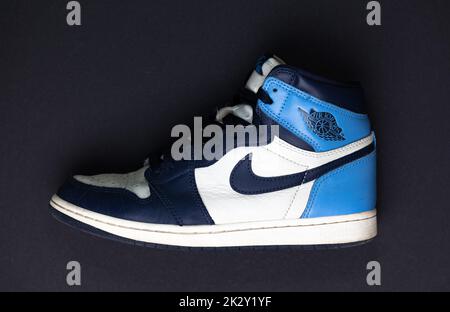 The close-up view of a Nike Air Jordan 1 Off White UNC over the