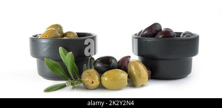 Olives in bowls isolated on white Stock Photo