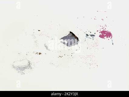 High resolution large image of paper texture background scan with large colorful ink pink, purple, black, brown color stains, spots, dots and blotches dirty used wallpaper with copy space for text Stock Photo