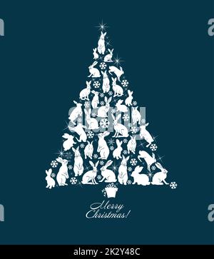 Tree of hares. Happy New Year 2023. Beautiful christmas card. Vector illustration Stock Vector