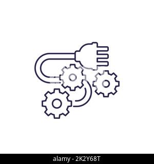 electrical plug with 3 pins and gears line icon Stock Vector