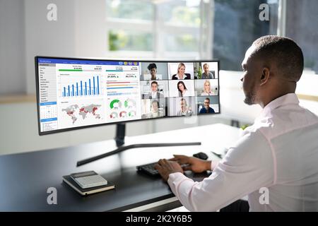 Online Video Conference Webinar On Computer. Business Videoconference Stock Photo
