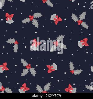 Christmas seamless pattern for wrapping paper, postcards, holiday background. Holly with bells on a dark background Stock Vector