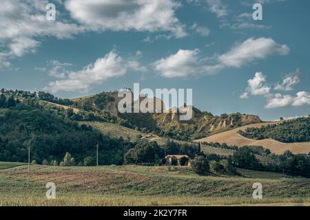 Eroded sandstone rock formation between Sasso Marconi and Pianoro municipalities. Bologna province, Emilia-Romagna, Italy. Stock Photo