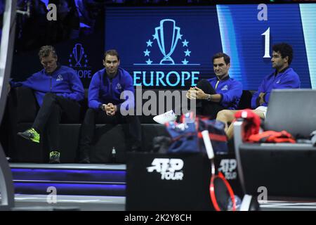London, UK. 23rd Sep, 2022. The Team Europe bench during the ATP Laver Cup 2022 at the o2 Arena, London, England on 23 September 2022. Photo by Joshua Smith. Editorial use only, license required for commercial use. No use in betting, games or a single club/league/player publications. Credit: UK Sports Pics Ltd/Alamy Live News Stock Photo