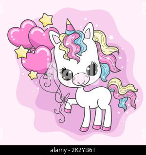 Cute cartoon unicorn with heart shaped balloon. For children's design of cards, prints, posters, stickers and so on. Vector Stock Vector