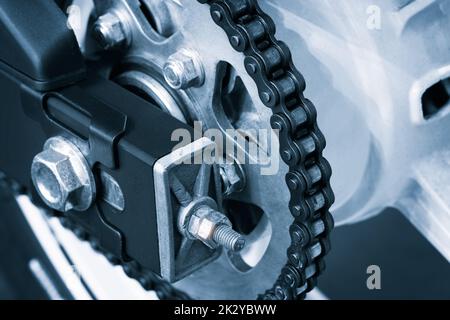 Power transmission chain installed on motorcycle Stock Photo