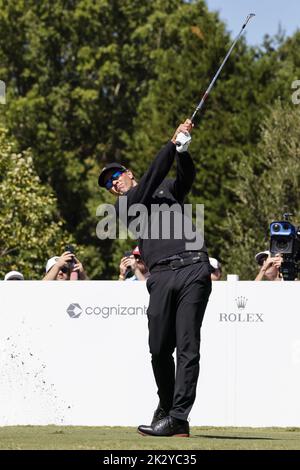 Charlotte, USA. 23rd Sep, 2022. Adam Scott, of Australia, hits his tee shot off the fourth tee at the Presidents Cup golf championship in Charlotte, North Carolina on September 23, 2022. Photo by Nell Redmond/UPI. Credit: UPI/Alamy Live News Stock Photo