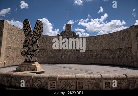 Traffic circle sculpture monumento a la patria in Merida city Mexico. Hand carved to honor the mayan heritage of Mexican indigenous people. Stock Photo