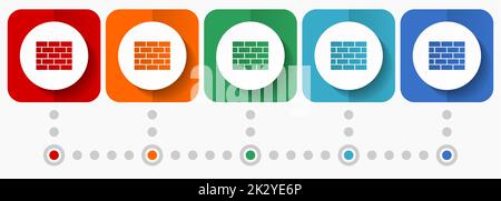 Brick wall, building vector icons, infographic template, set of flat design symbols in 5 color options Stock Vector