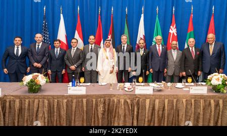 New York City, USA. 23rd Sep, 2022. U.S. Secretary of State Tony Blinken, center, poses with the Foreign Ministers of the Gulf Cooperation Council Nations, on the sidelines of the 77th Session of the U.N General Assembly, September 23, 2022, in New York City. Credit: Ron Przysucha/State Department Photo/Alamy Live News Stock Photo