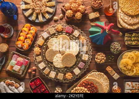 Collection of traditional Arabic sweets and candies to celebrate 'Prophet Muhammad's Birthday Event'. Varieties of Egyptian Mawlid Sweets. Stock Photo