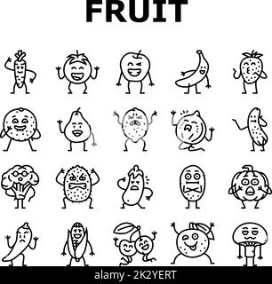 fruit character funny food icons set vector Stock Vector