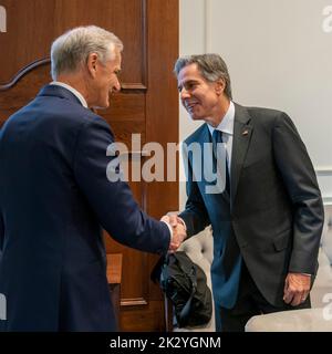 New York City, United States. 22nd Sep, 2022. U.S. Secretary of State Tony Blinken, right, welcomes Norwegian Prime Minister Jonas Gahr Støre, left, before the start of their bilateral meeting on the sidelines of the 77th Session of the U.N General Assembly, September 22, 2022, in New York City. Credit: Ron Przysucha/State Department Photo/Alamy Live News Stock Photo