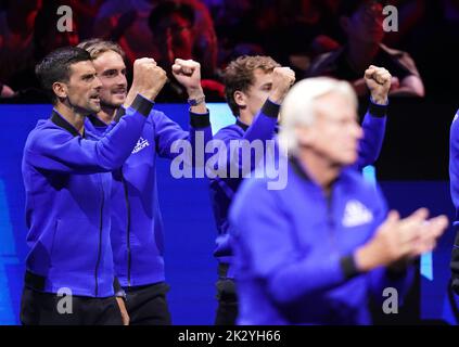 Team Europe's Novak Djokovic (left) reacts on day one of the Laver Cup at the O2 Arena, London. Picture date: Friday September 23, 2022. Stock Photo