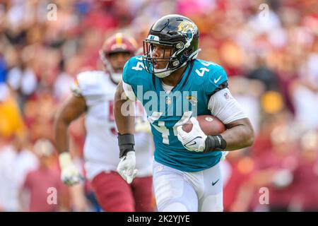 Jacksonville Jaguars linebacker Travon Walker (44) moves to the line of  scrimmage during an NFL football game against the Pittsburgh Steelers,  Saturday, Aug. 20, 2022 in Jacksonville, Fla. The Steelers defeat the