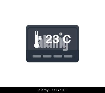Home heating, house climate control logo design. House automation domotics, connected thermostat with app icons showing temperature and heat cooling. Stock Vector