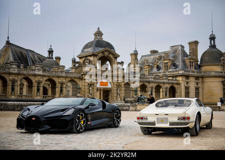 Chantilly, France. 23rd Sep, 2022. Bugatti W16 Mistral, Ferrari 365 P Berlinetta Speciale ‘‘Tre Posti’’ during the 6th edition of the Chantilly Arts & Elegance - Richard Mille at the Domaine du Château de Chantilly, from September 24 to 25, 2025, in Chantilly, France - Photo Julien Delfosse / DPPI Credit: DPPI Media/Alamy Live News Stock Photo