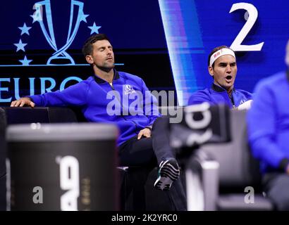 Team Europe's Novak Djokovic (left) and Roger Federer on day one of the Laver Cup at the O2 Arena, London. Picture date: Friday September 23, 2022. Stock Photo