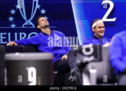 Team Europe's Novak Djokovic (left) and Roger Federer on day one of the Laver Cup at the O2 Arena, London. Picture date: Friday September 23, 2022. Stock Photo