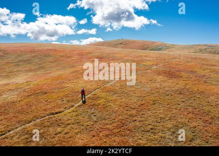 Unrecognizable hiker on a trail in the dry blueberry meadow with white clouds and blue sky - the top is the aim - wallpaper Stock Photo