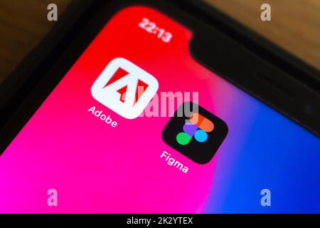 Vancouver, CANADA - Sep 23 2022 : Adobe and Figma icons on an iPhone. In Sep 2022, Figma announced that it was being acquired by Adobe Inc. Stock Photo