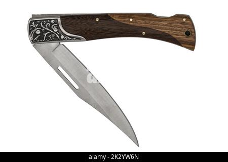 Handmade open folding pocket knife with wooden handle from Cambodia isolated on white background Stock Photo