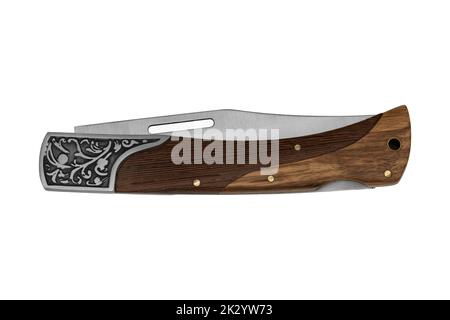 Handmade closed folding pocket knife with wooden handle from Cambodia isolated on white background Stock Photo