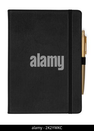 Quality black leather notebook with golden pen attached isolated on white background Stock Photo