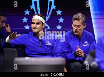 Team Europe's Roger Federer (left) and Vice Captain Thomas Enqvist on day one of the Laver Cup at the O2 Arena, London. Picture date: Friday September 23, 2022. Stock Photo