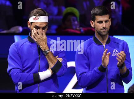 Team Europe's Roger Federer (left) and Novak Djokovic on day one of the Laver Cup at the O2 Arena, London. Picture date: Friday September 23, 2022. Stock Photo
