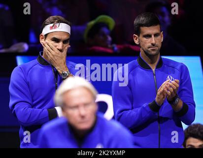 Team Europe's Roger Federer (left) and Vice Captain Thomas Enqvist on day one of the Laver Cup at the O2 Arena, London. Picture date: Friday September 23, 2022. Stock Photo