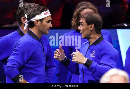 Team Europe's Roger Federer (left) and Rafael Nadal on day one of the Laver Cup at the O2 Arena, London. Picture date: Friday September 23, 2022. Stock Photo