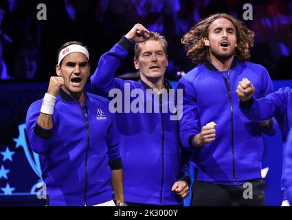 Team Europe's Roger Federer (left), Vice Captain Thomas Enqvist (centre) and Stefanos Tsitsipas on day one of the Laver Cup at the O2 Arena, London. Picture date: Friday September 23, 2022. Stock Photo