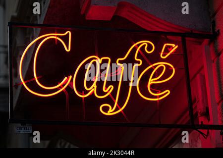 Tipical fluorescent sign of a caffè in the city of Turin, Italy, Stock Photo