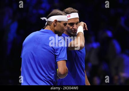 Team Europe's Rafael Nadal (left) and Roger Federer on day one of the Laver Cup at the O2 Arena, London. Picture date: Friday September 23, 2022. Stock Photo