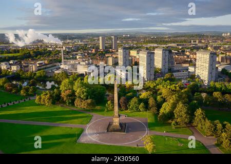 Aerial view of the Nelsons Monument in Glasgow Green, Scotland Stock Photo