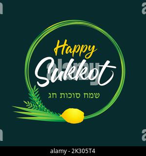 Happy Sukkot lulav and round wreath on green. Jewish Holiday card with vector hand drawn design etrog, lulav, hadas, arava and decoration frame Stock Vector