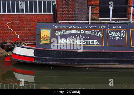 Canal narrowboat barge, Swan, WH Cowburn & Cowpar Ltd,Manchester, No1115, 76668 Stock Photo