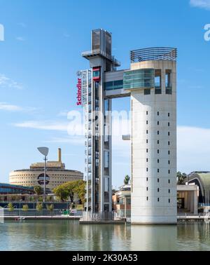 Schindler Tower, Seville, Spain  The tower was built in 1992, 65-meter-tall Stock Photo