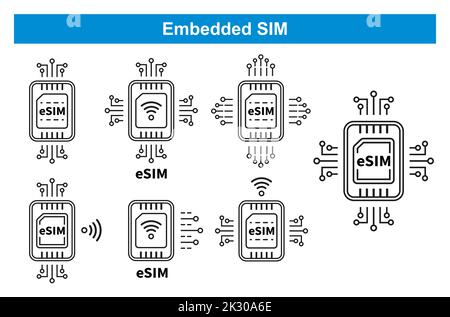 eSIM Embedded SIM chip card mobile cellular communication technology line icon. Phone simcard. Microchip smartphone electronic processor. Vector Stock Vector