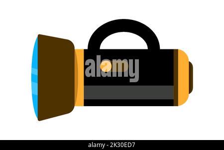 Flashlight manual battery camping black flat. Gadget spotlight illuminate dark space camping military hiking garden portable electric store icon electronic hunting gear active lifestyle isolated Stock Vector