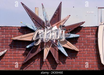 A vintage neon sign for the Star Lanes bowling alley in Hollywood, CA., probably dates to the 1960s when bowling was a popular leisure activity for Americans and most towns had at least one bowling alley. Stock Photo