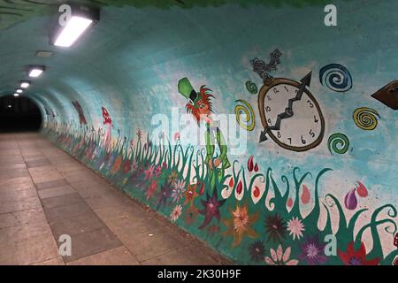 Pedestrian tunnel, with Alice in Wonderland art, Pedestrian tunnel Knutsford road, Latchford, Warrington, Cheshire, England, UK, WA4 1LT Stock Photo