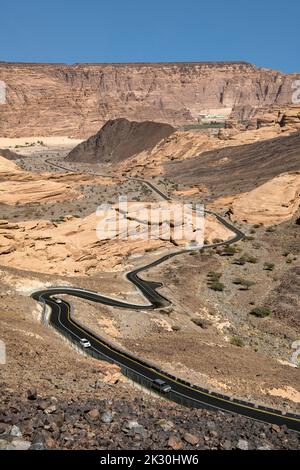 Birdeye view windying hairpin road to Harrat Viewpoint Al Ula Saudi Arabia Stock Photo