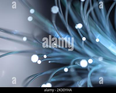 Illuminated optical fibers against gray background Stock Photo