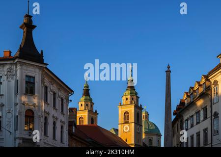 Slovenia, Ljubljana, Old Town skyline at dusk Stock Photo