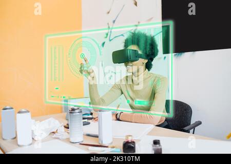 Young woman with virtual reality simulator touching virtual reality glasses Stock Photo