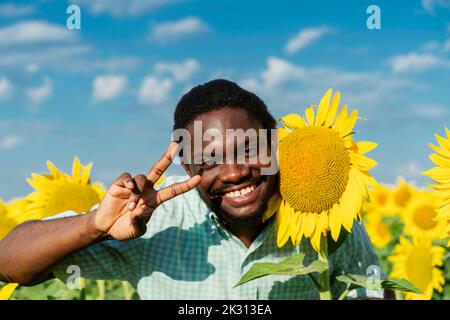 Happy young man gesturing peace sign by sunflower plant Stock Photo