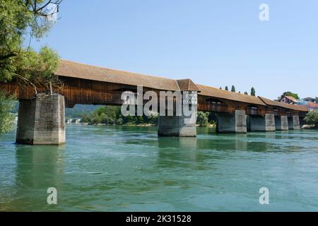 Germany, Baden-Wurttemberg, Bad Sackingen, Medieval Holzbrucke bridge stretching over river Rhine Stock Photo